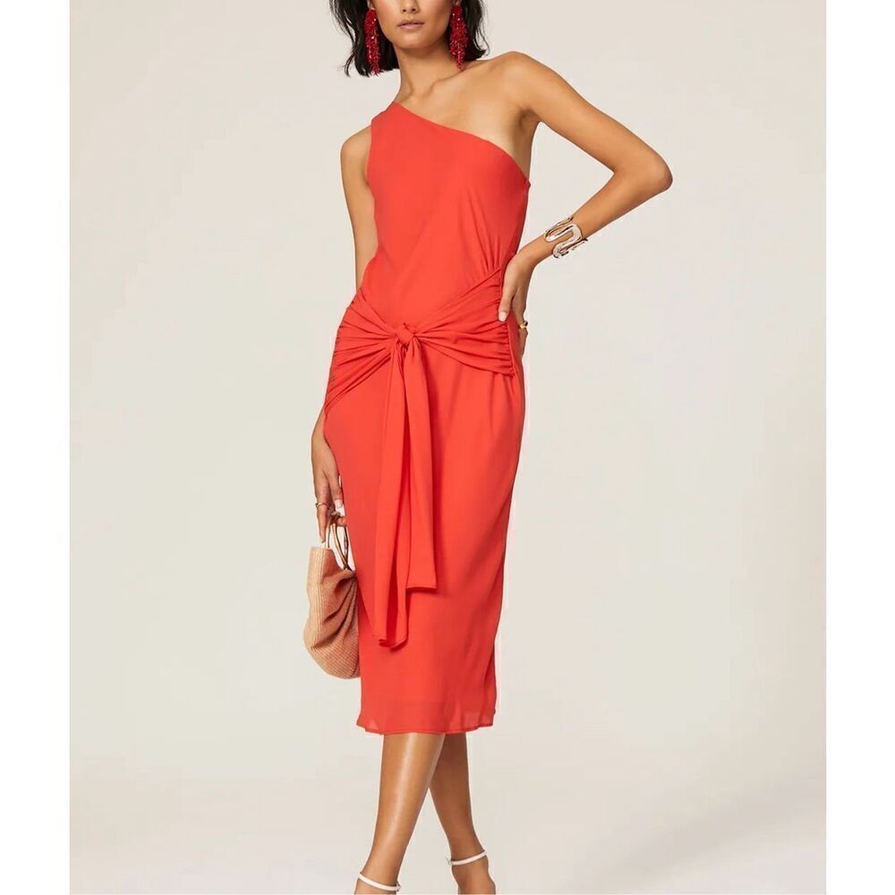 Krisa Womens One Shoulder Bias Midi Dress Red Medium NWT
